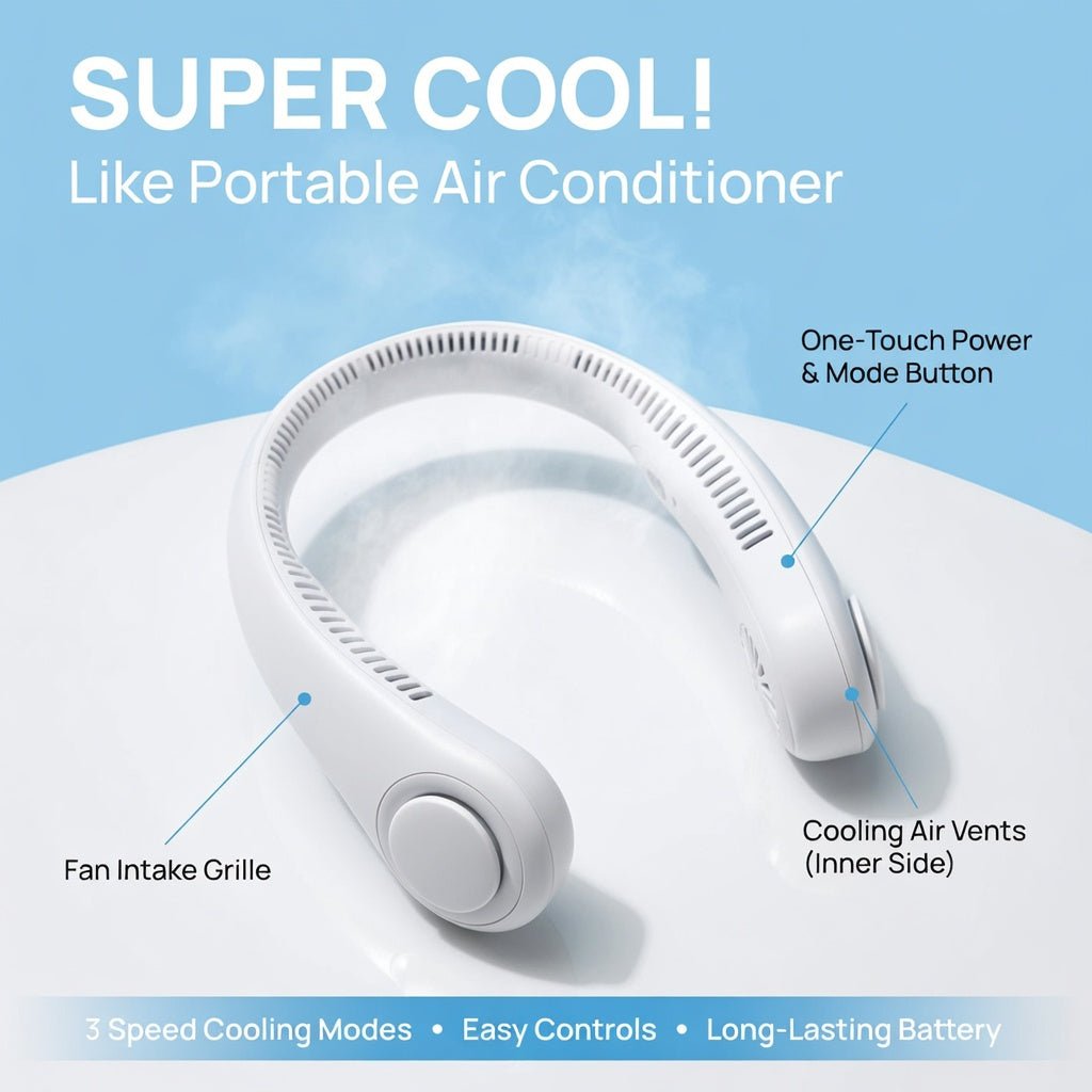 Bladeless Neck Fan – Portable Wearable Air Cooler with 3 Speed Modes - TrendBuyPK